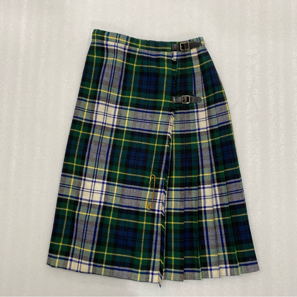 Vintage Moffett Weavers Scotland Plaid Tartan Kilt Green and Blue Wool Sz 12
